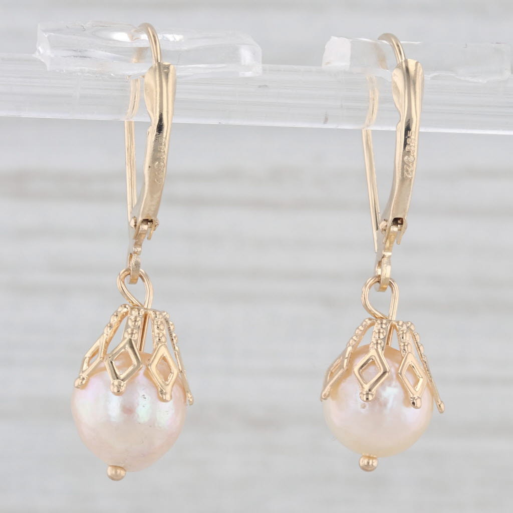 Light Gray Vintage Cultured Pearl Dangle Earrings 14k Yellow Gold Lever Back