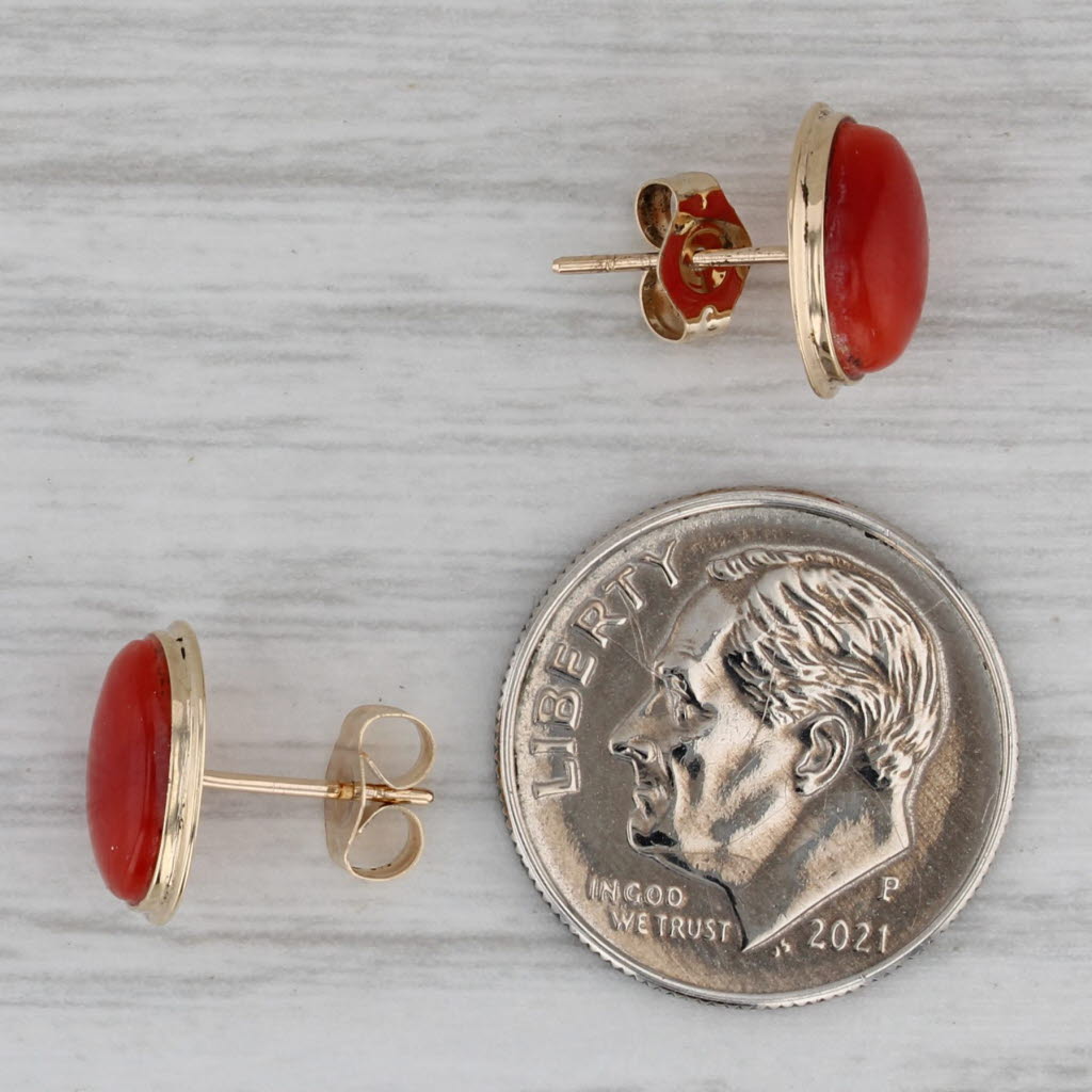 Gray Red Coral Stud Earrings 14k Yellow Gold Oval Cabochon Solitaires