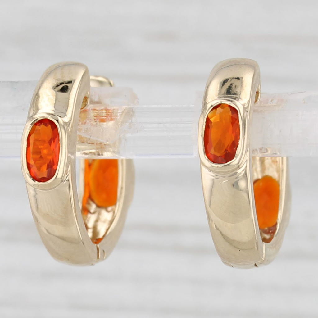 Light Gray 0.52ctw Fire Opal Hoop Huggie Earrings 14k Yellow Gold Hinged Snap Top