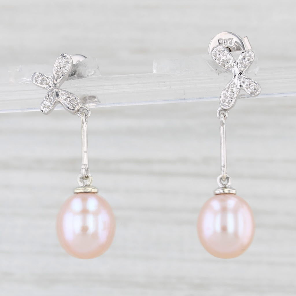 Light Gray Pink Cultured Pearl Dangle Earrings 14k White Gold Pierced Drops