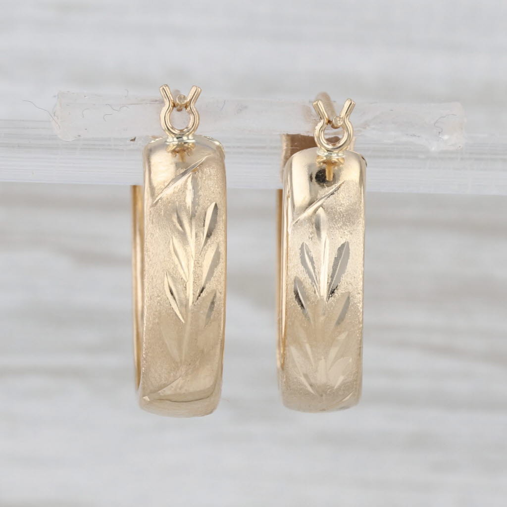 Flower Etched Hoop Earrings 14k Yellow Gold Snap Top Round Hoops