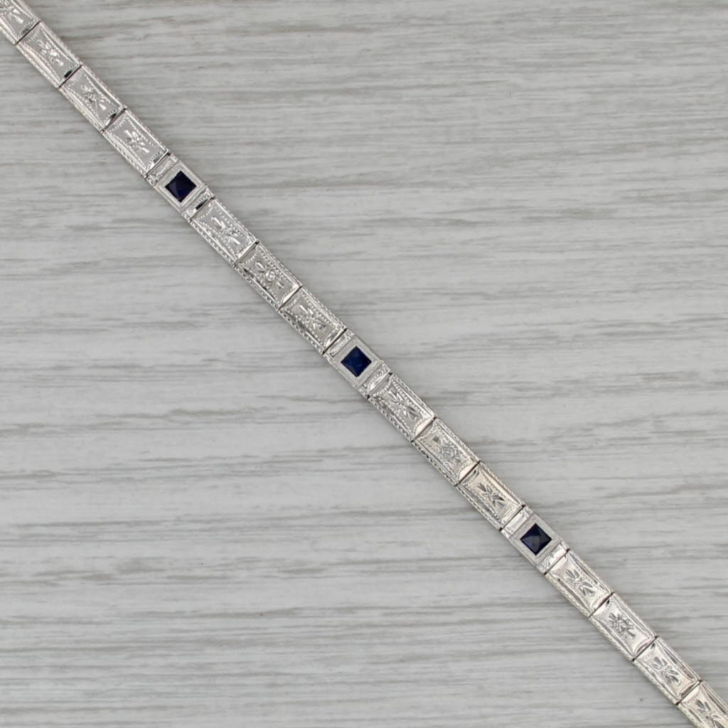 Art Deco Lab Created Sapphire Diamond Link Bracelet 6.75" 4.5mm