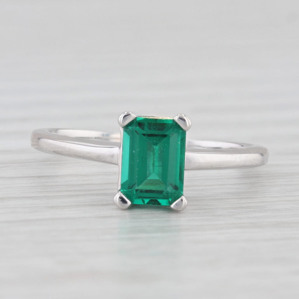 Light Gray 0.90ct Lab Created Emerald Ring 14k White Gold Emerald Cut Solitaire