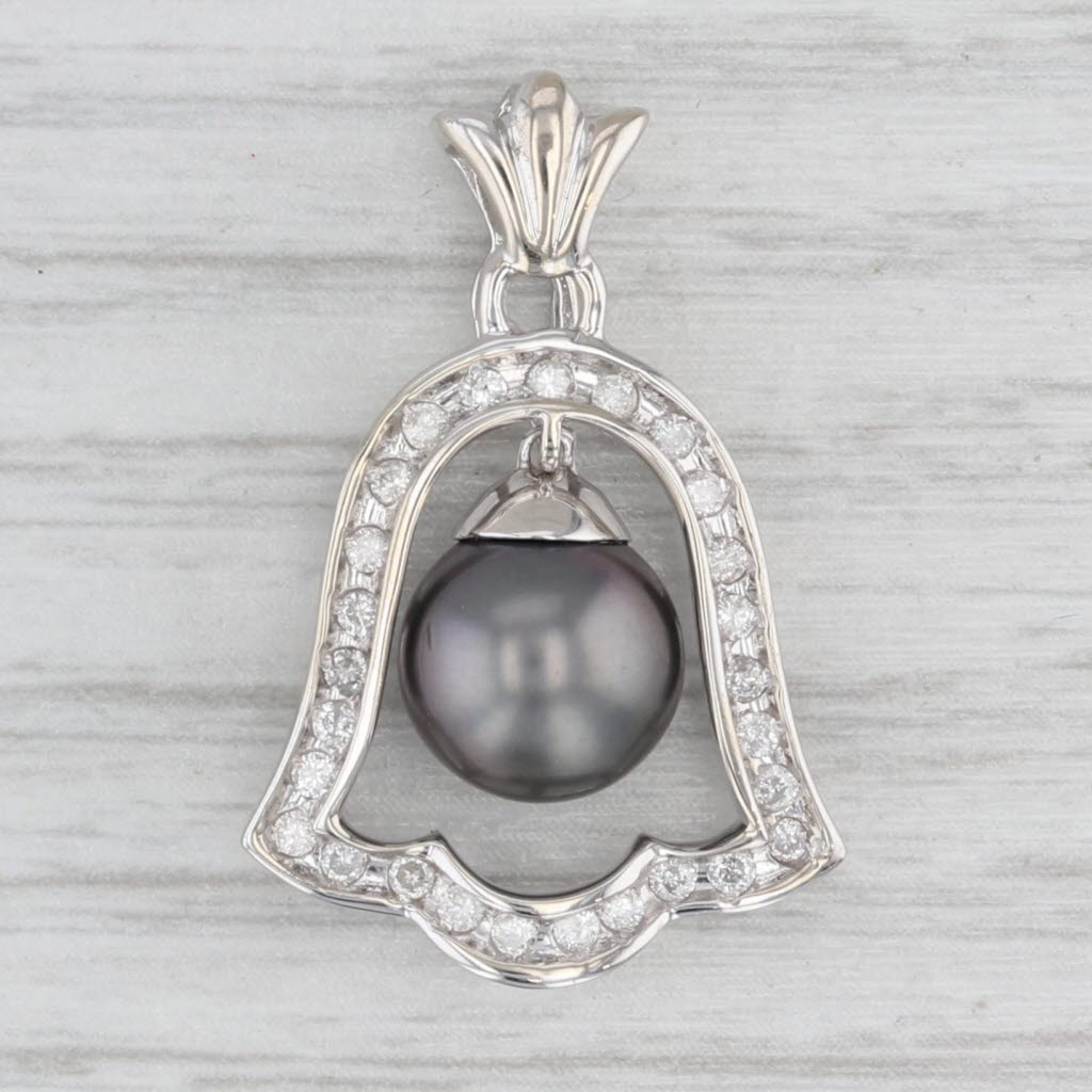 Black Cultured Pearl 0.32ctw Diamond Frame Bell Pendant 14k White Gold