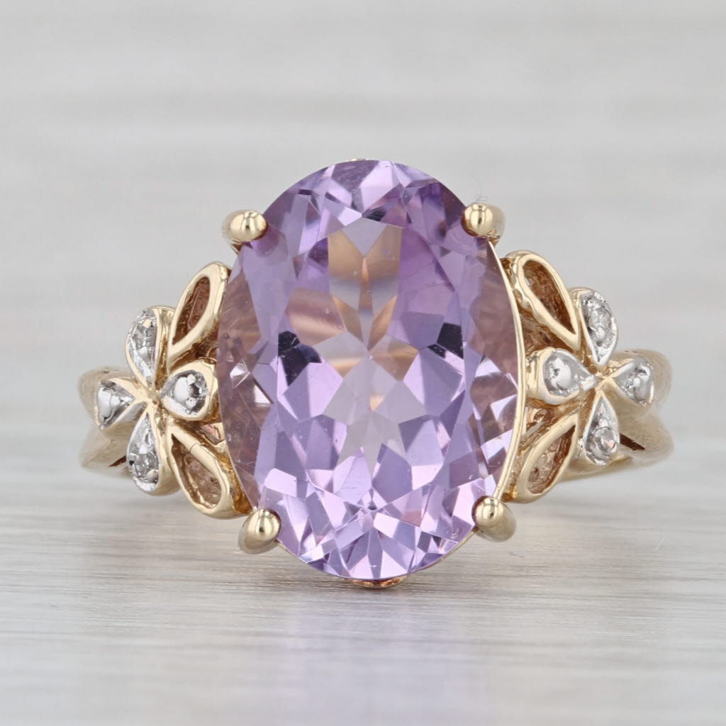 5.52ctw Oval Amethyst Diamond Flower Ring 14k Yellow Gold Size 7