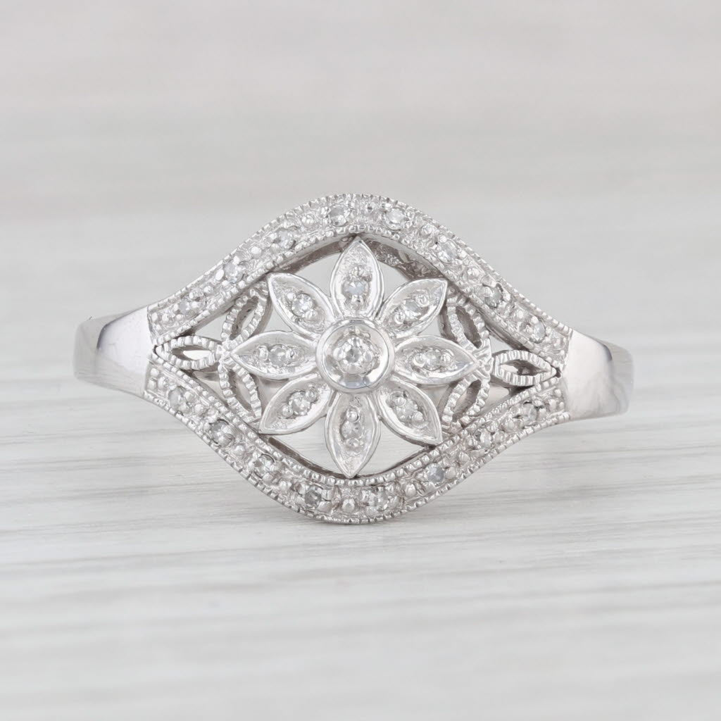 Light Gray 0.10ctw Diamond Flower Ring 10k White Gold Size 11 Floral