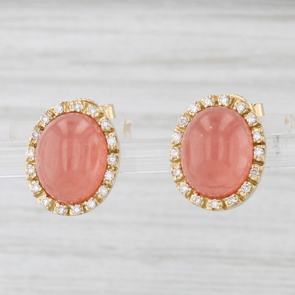 Morganite Cabochon Diamond Halo Stud Earrings 18k Yellow Gold Studs