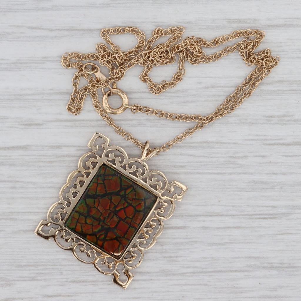 Gray Ammolite Quartz Ornate Framed Pendant Necklace 14k Yellow Gold 15" Rope Chain