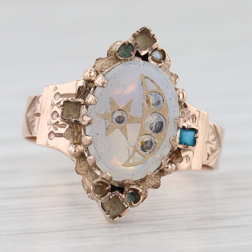 Light Gray Victorian Moon Star Ring 14k Yellow Gold Pearl Glass Ornate Antique AS IS