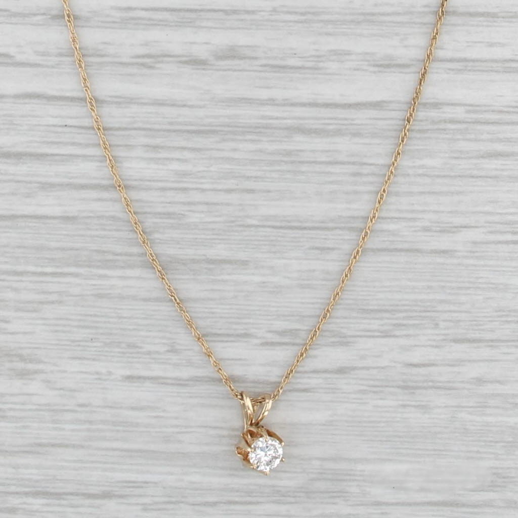 Round Brilliant Solitaire Diamond Pendant Necklace 14k Gold 16" Rope Chain