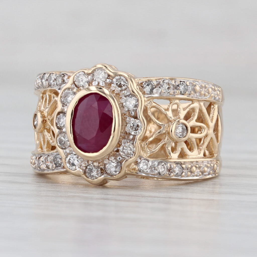 1.12ctw Ruby Diamond Halo Ring 14k Yellow Gold Size 7.25-7.5 Flower Accents