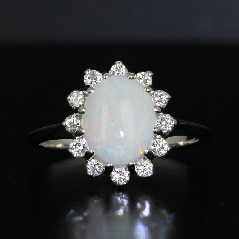 Gray Oval Cabochon Opal 0.36ctw Diamond Halo Ring 14k White Gold Size 7.75