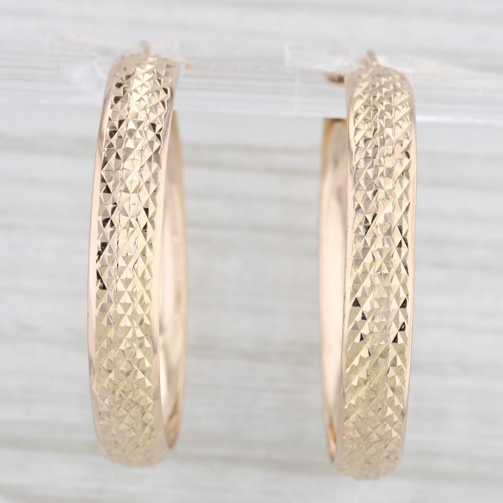 Light Gray Etched Pattern Hoop Earrings 14k Yellow Gold Snap Top Round Hoops