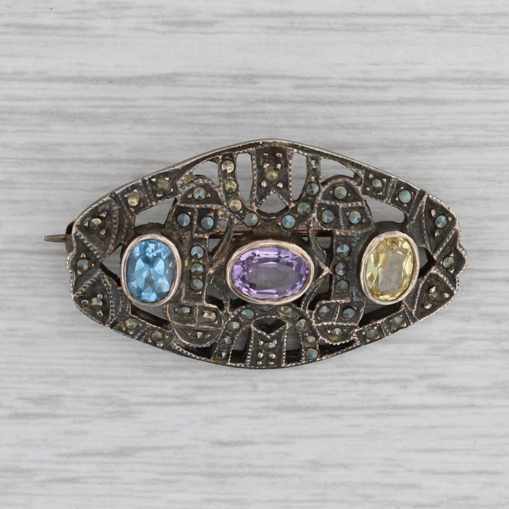 Gray Amethyst Lab Created Spinel Sapphire Brooch Sterling Silver Statement Pin