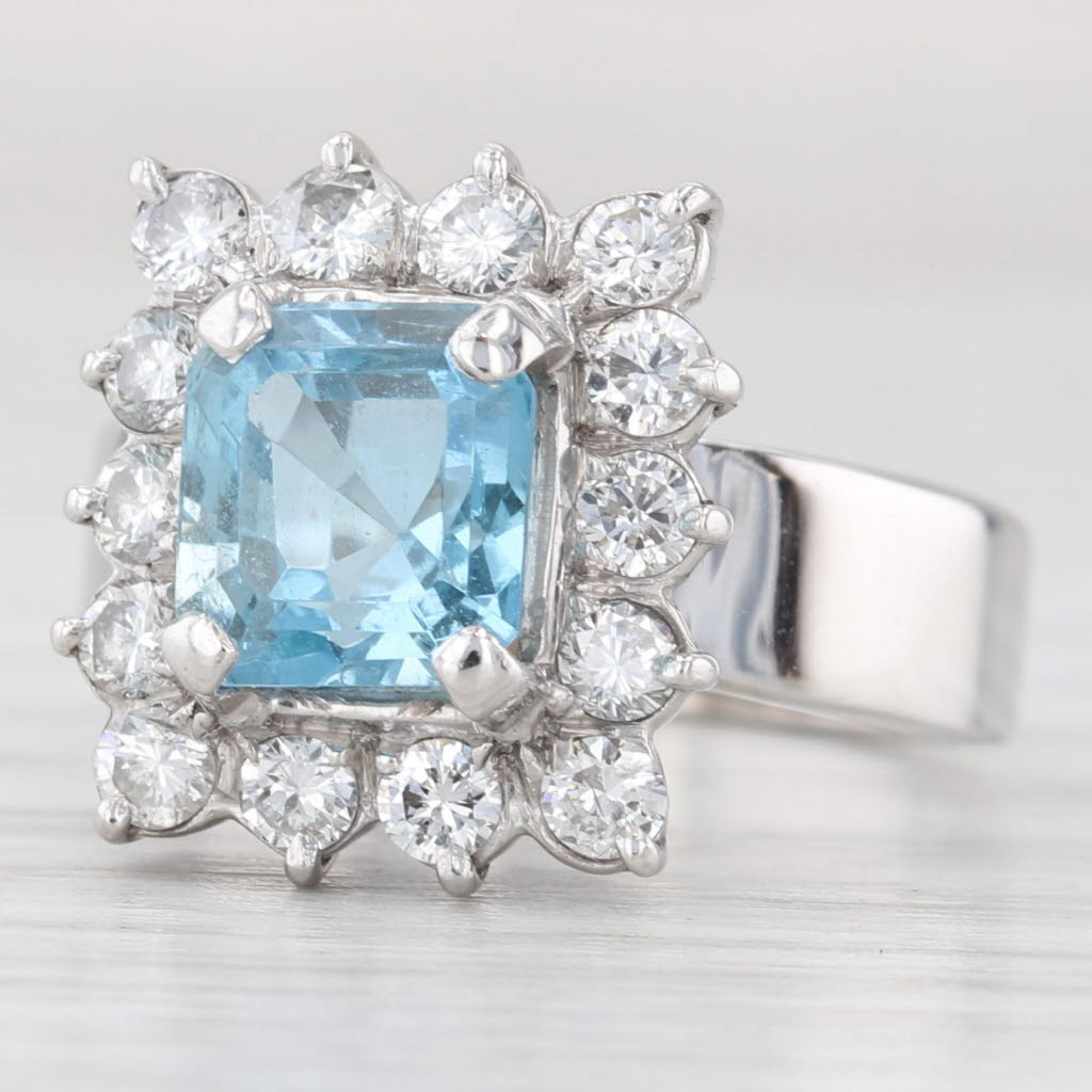 Light Gray 1.30ctw Aquamarine Diamond Halo Ring 18k White Gold Size 5.75 - 6