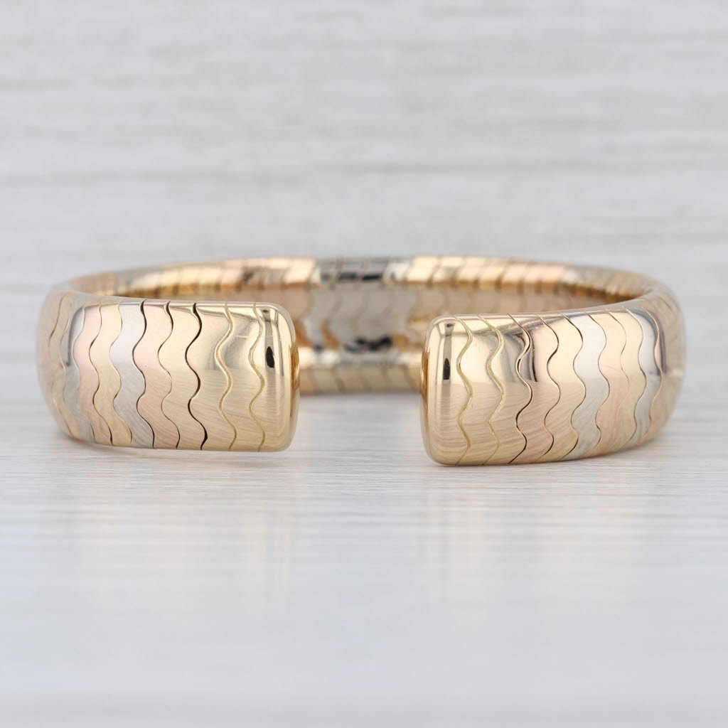 Cartier Tri-Gold Wave Cuff Bracelet 18k White Yellow Rose Gold 6.5" 14.7mm