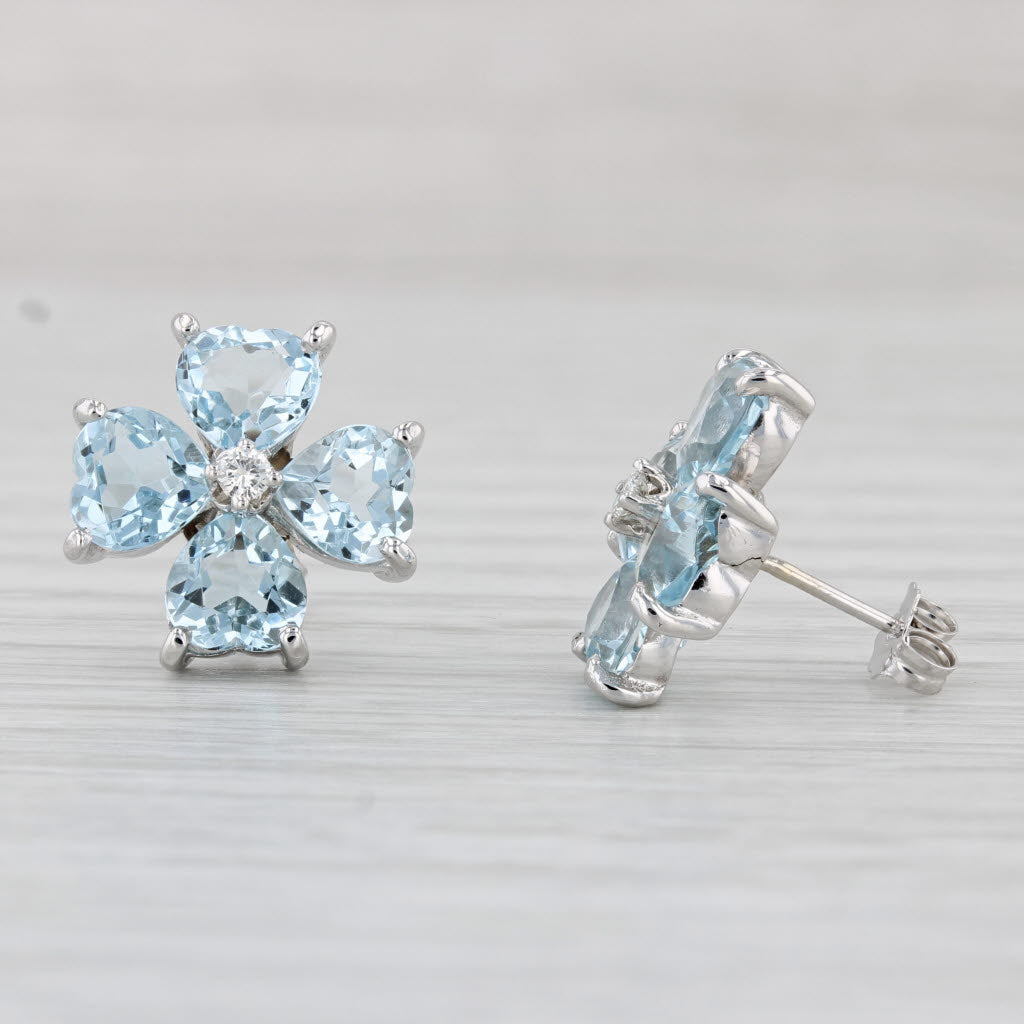 Light Gray 5.58ctw Aquamarine Diamond Flower Stud Earrings 14k White Gold