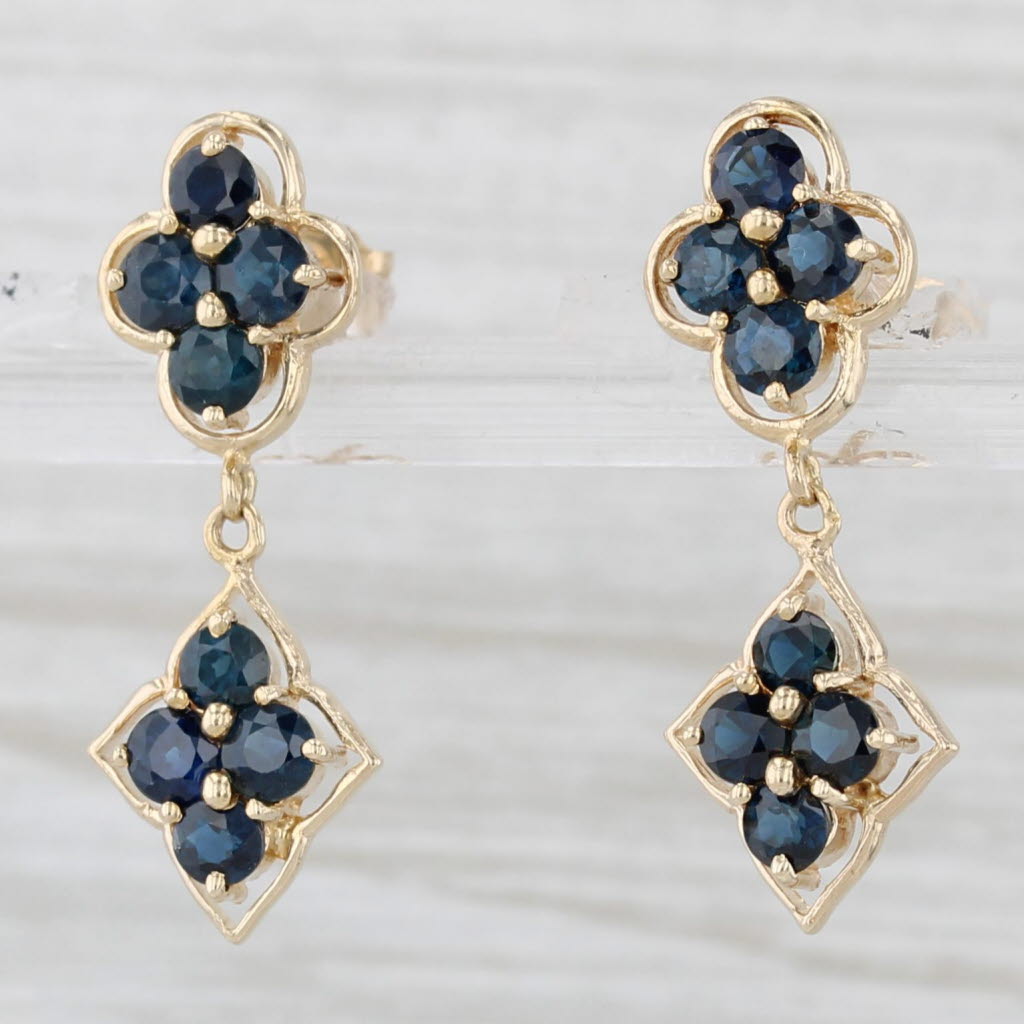 Light Gray 1.90ctw Blue Sapphire Flower Cluster Earrings 14k Yellow Gold Dangle