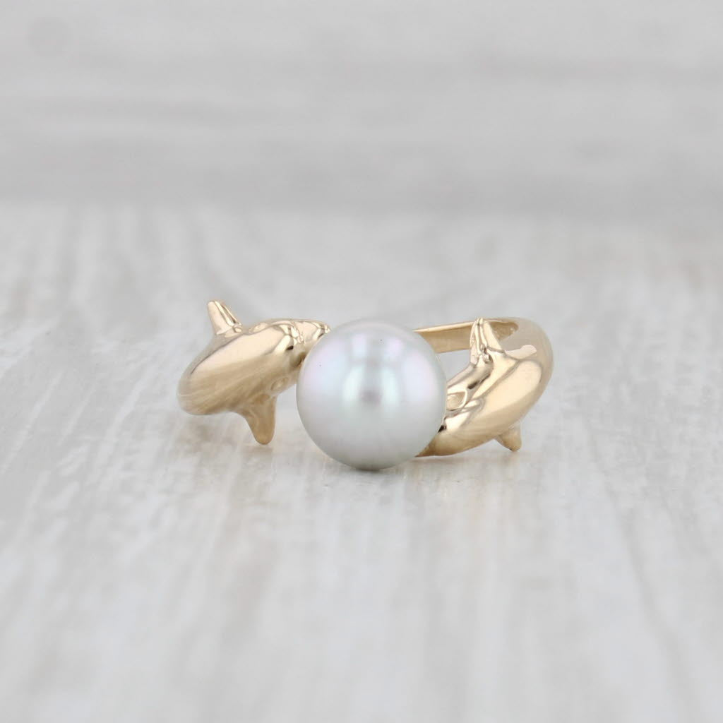 Light Gray Cultured Gray Pearl Dolphin Bypass Ring 14k Yellow Gold Size 5.75