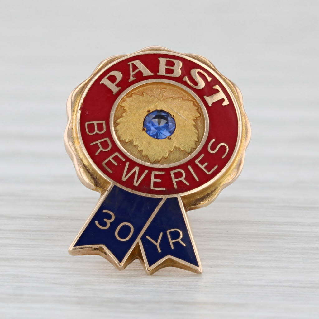 Light Gray Pabst Blue Ribbon Breweries 30 Years Service Pin 10k Gold Lab Created Sapphire