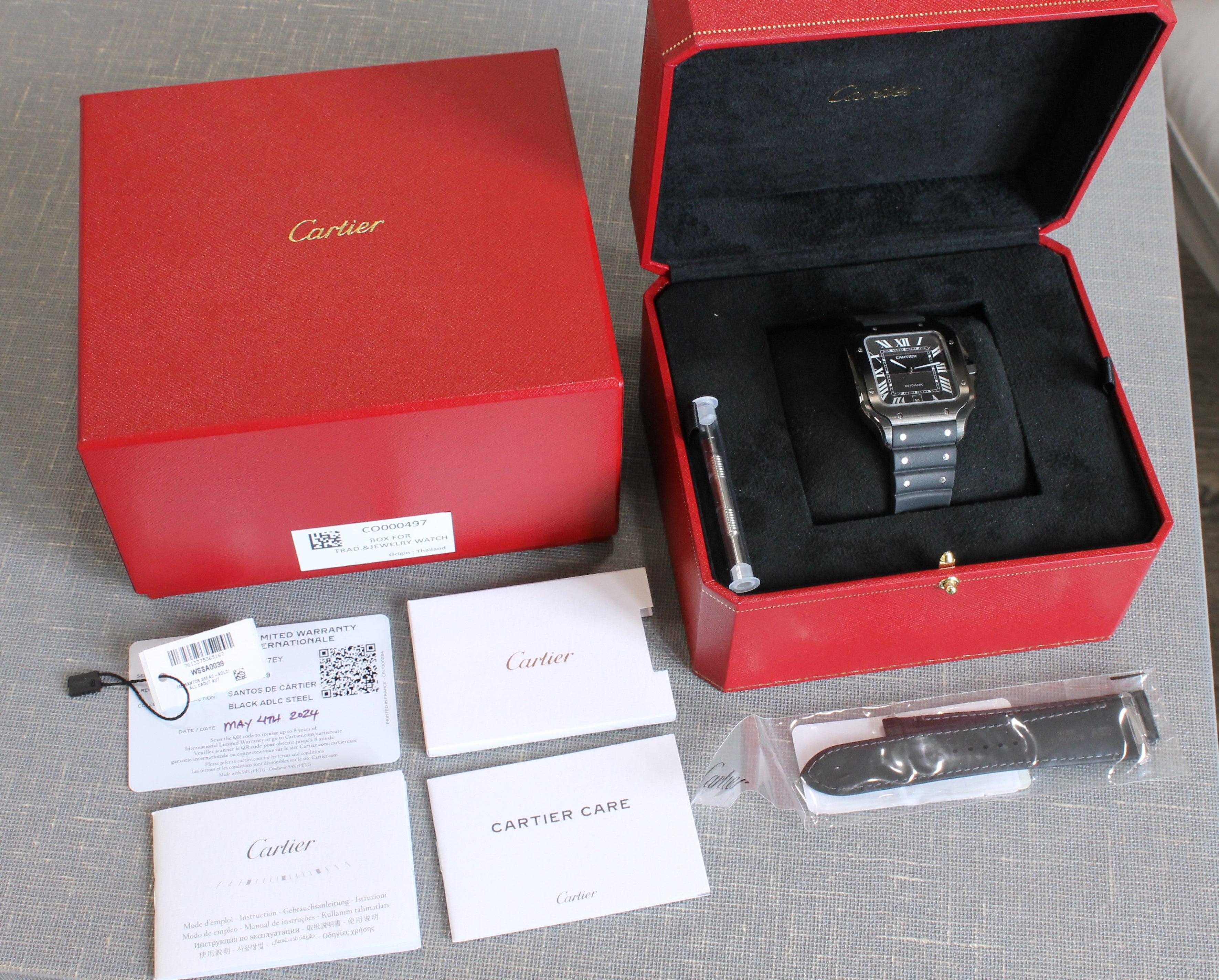 Gray 2024 Cartier Santos De Large Black ALDC Automatic Mens Watch Box Strap WSSA0039