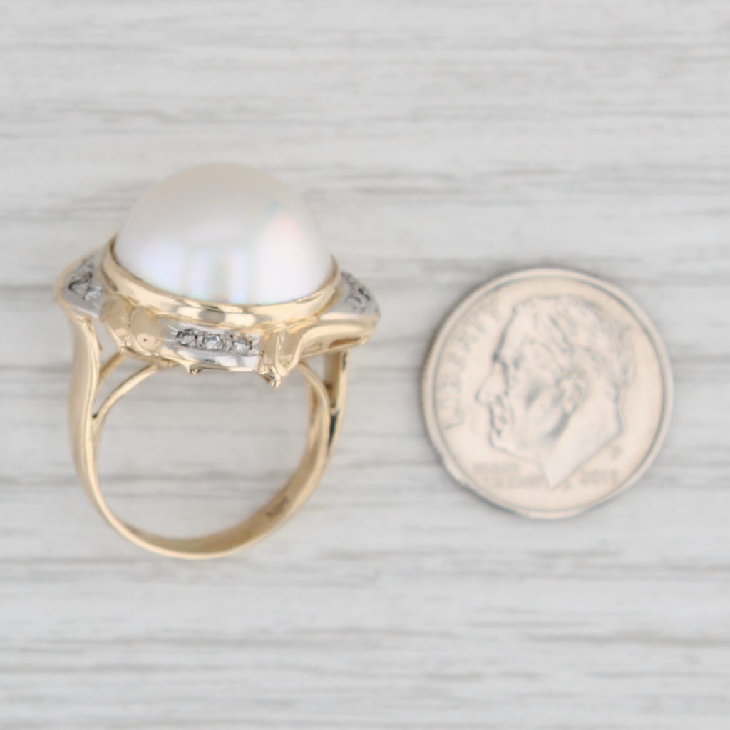 Light Gray Cultured Made Pearl Diamond Halo Ring 14k Yellow Gold Size 5.5 Cocktail