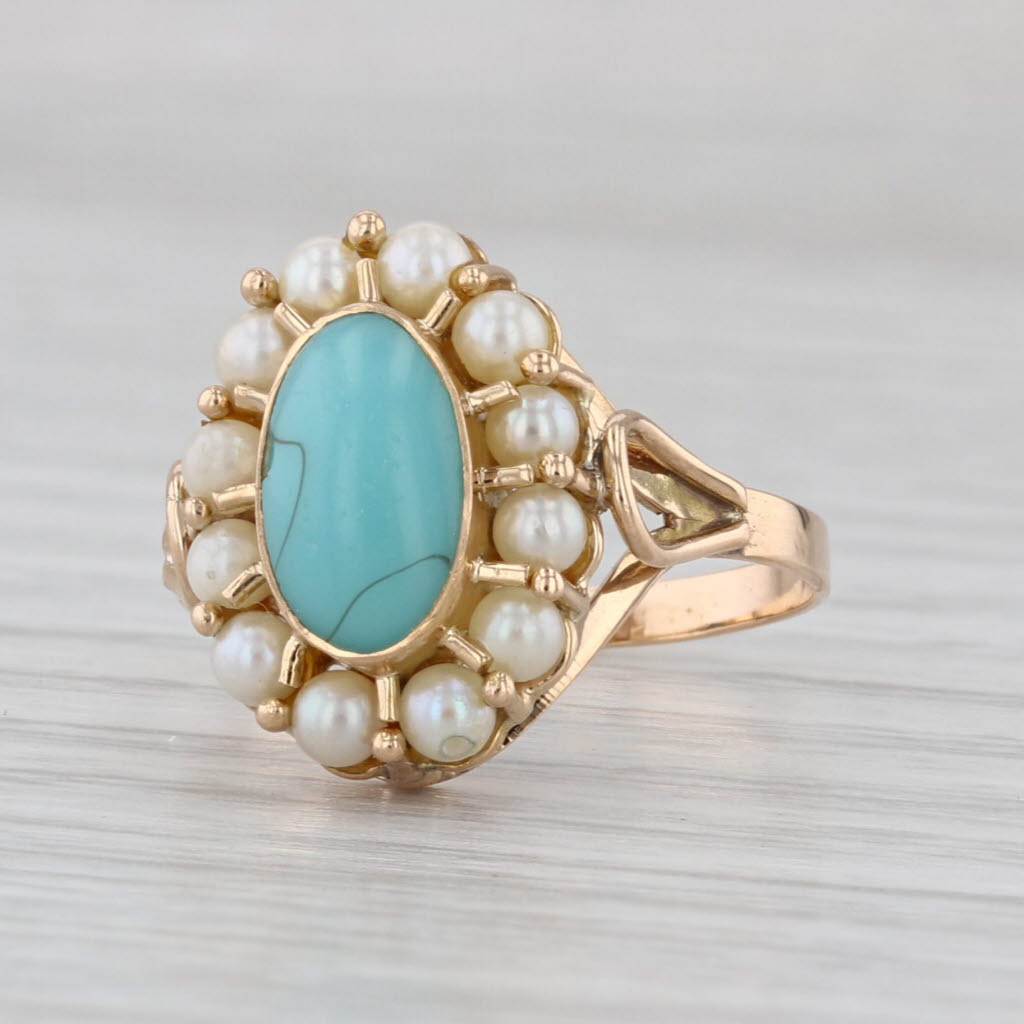 Vintage Glass Cultured Pearl Halo Ring 14k Yellow Gold Size 6