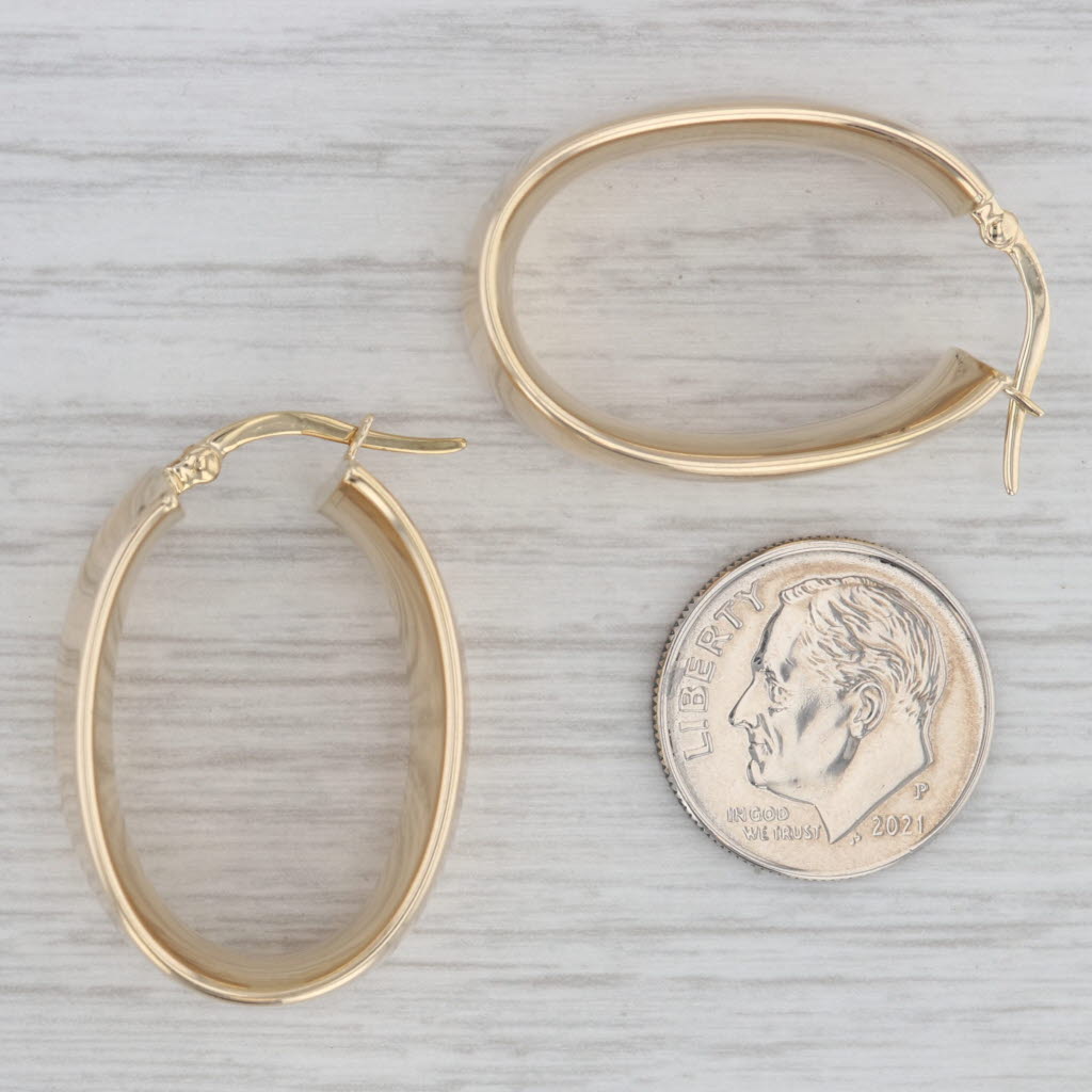 Gray Beveled Oval Hoop Earrings 14k Yellow Gold Snap Top Hoops