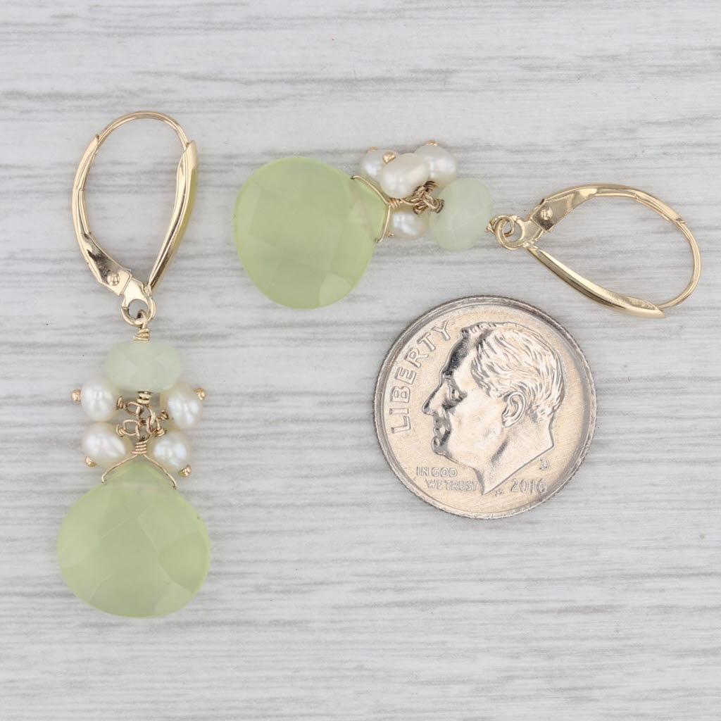 Gray Green Chalcedony Cultured Pearl Dangle Earrings 14k Yellow Gold Lever Backs