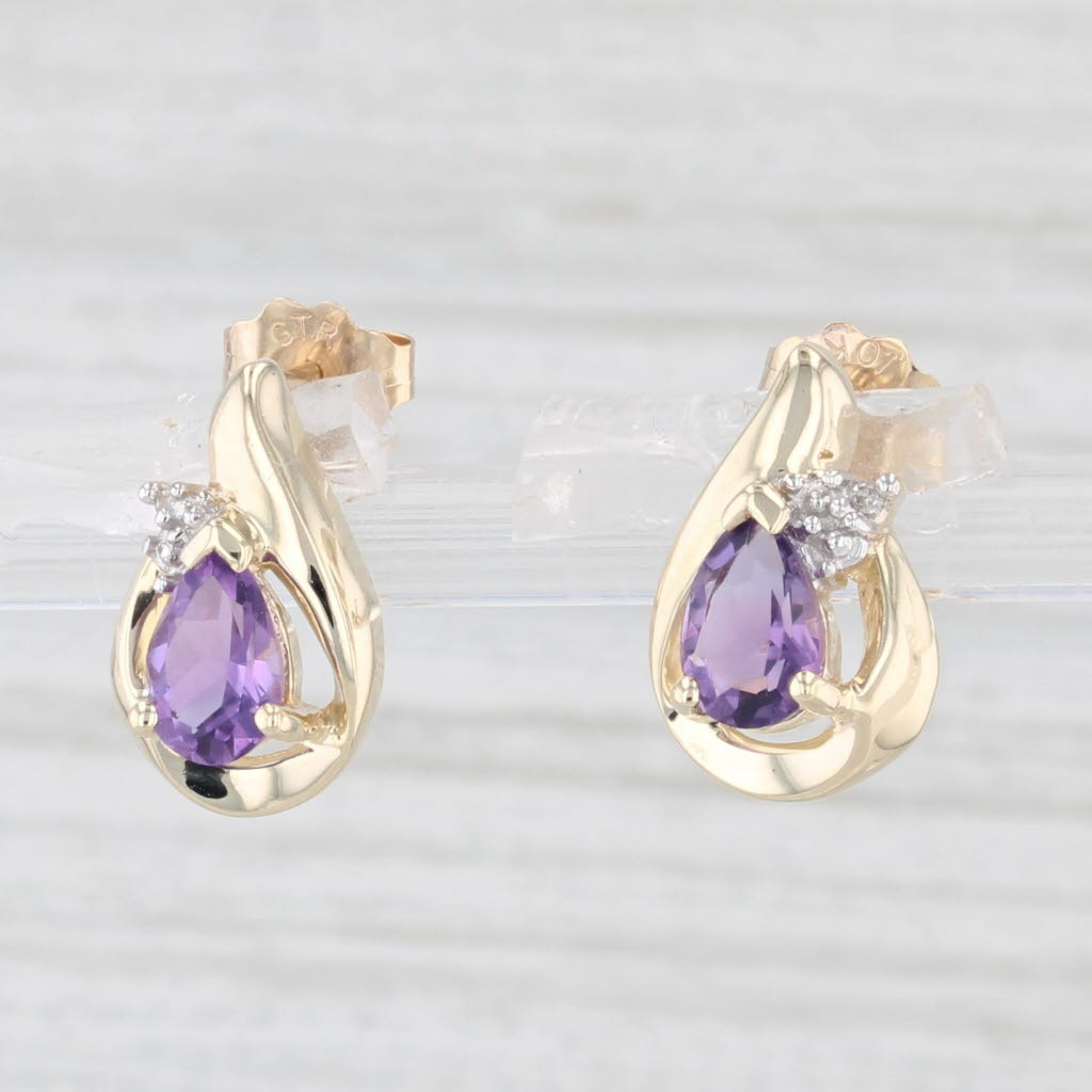 Light Gray 0.75ctw Amethyst Teardrop Stud Earrings 10k Yellow Gold Diamond Accents