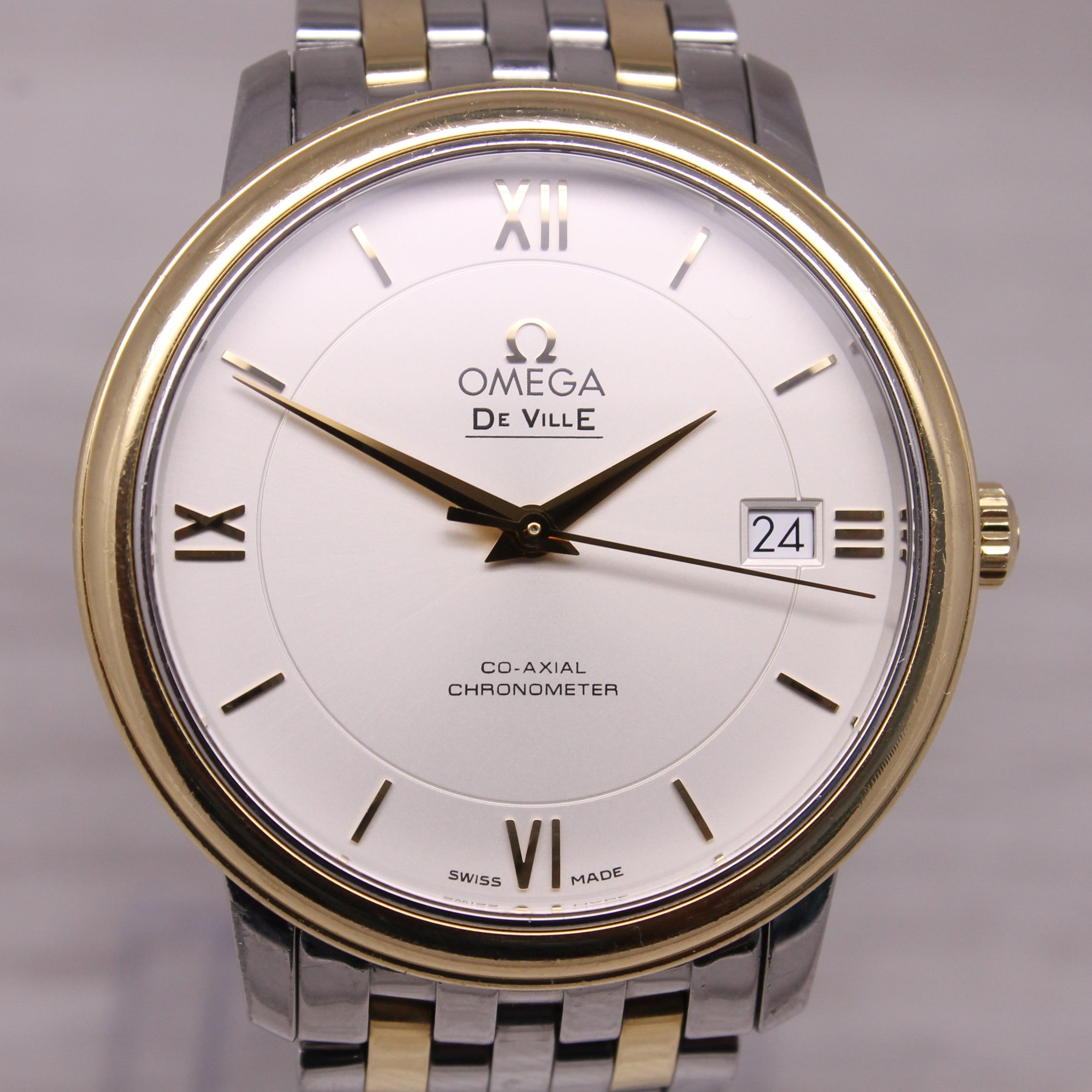 Omega DeVille Co-Axial 37mm Mens Steel 18k Gold Automatic Watch Bracelet Box Set