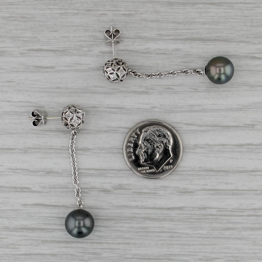 Cultured Black Gray Pearl Bead Dangle Earrings 14k White Gold