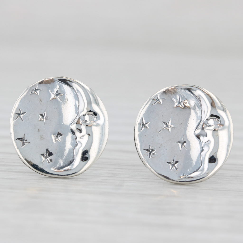 Light Gray Crescent Moon & Stars Stud Earrings Sterling Silver Celestial Jewelry