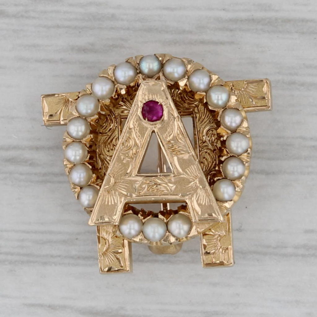 Dark Gray Alpha Omicron Pin 14K Gold Pearl Ruby Vintage Sorority Badge