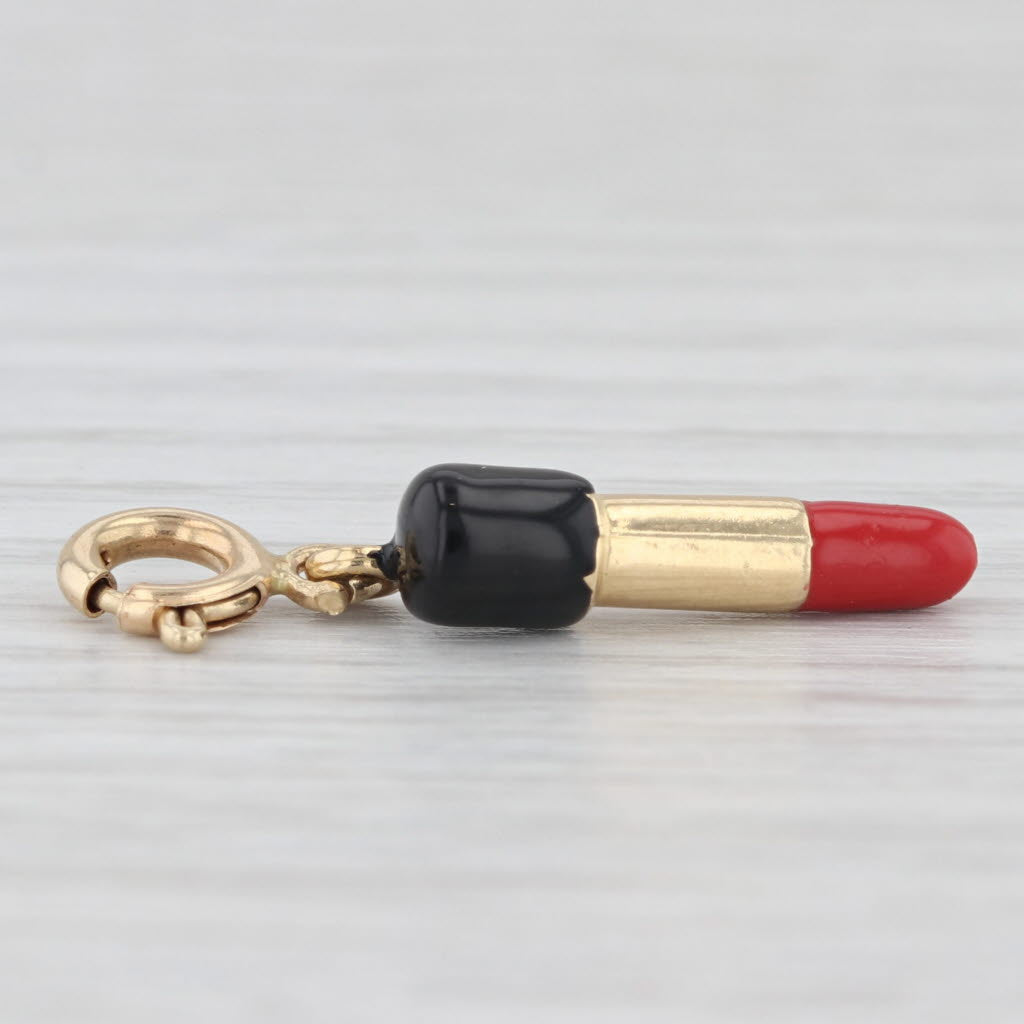 Light Gray Lipstick Charm 14k Yellow Gold Enamel Makeup Pendant