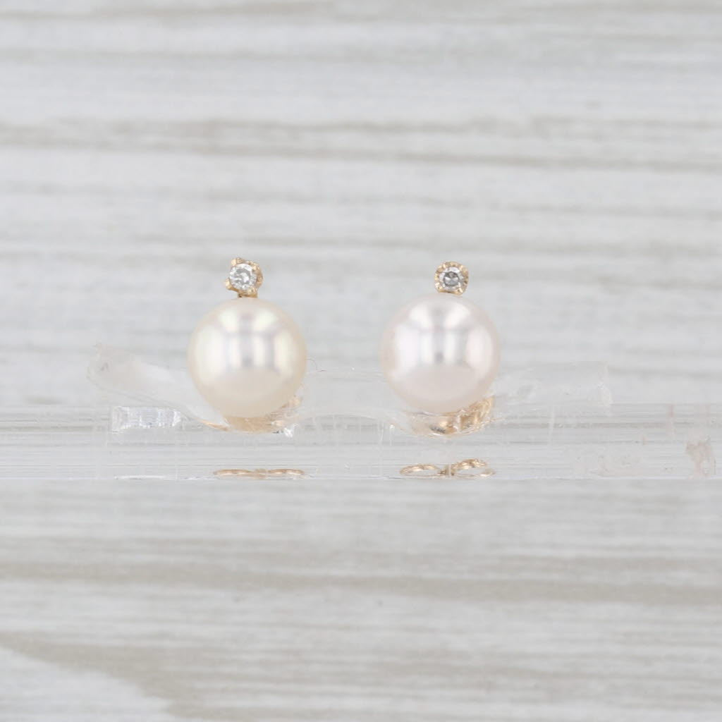 6.2mm Cultured Pearl Diamond Stud Earrings 14k Yellow Gold Small Studs