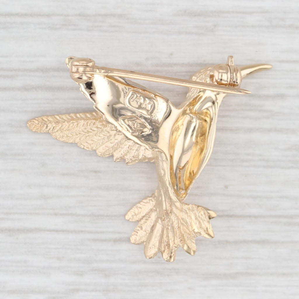 Light Gray Ruby Hummingbird Pin 14k Yellow Gold Brooch