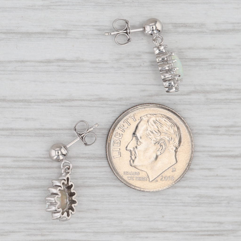 Light Gray Opal Diamond Halo Teardrop Earrings 14k White Gold Pierced Dangles