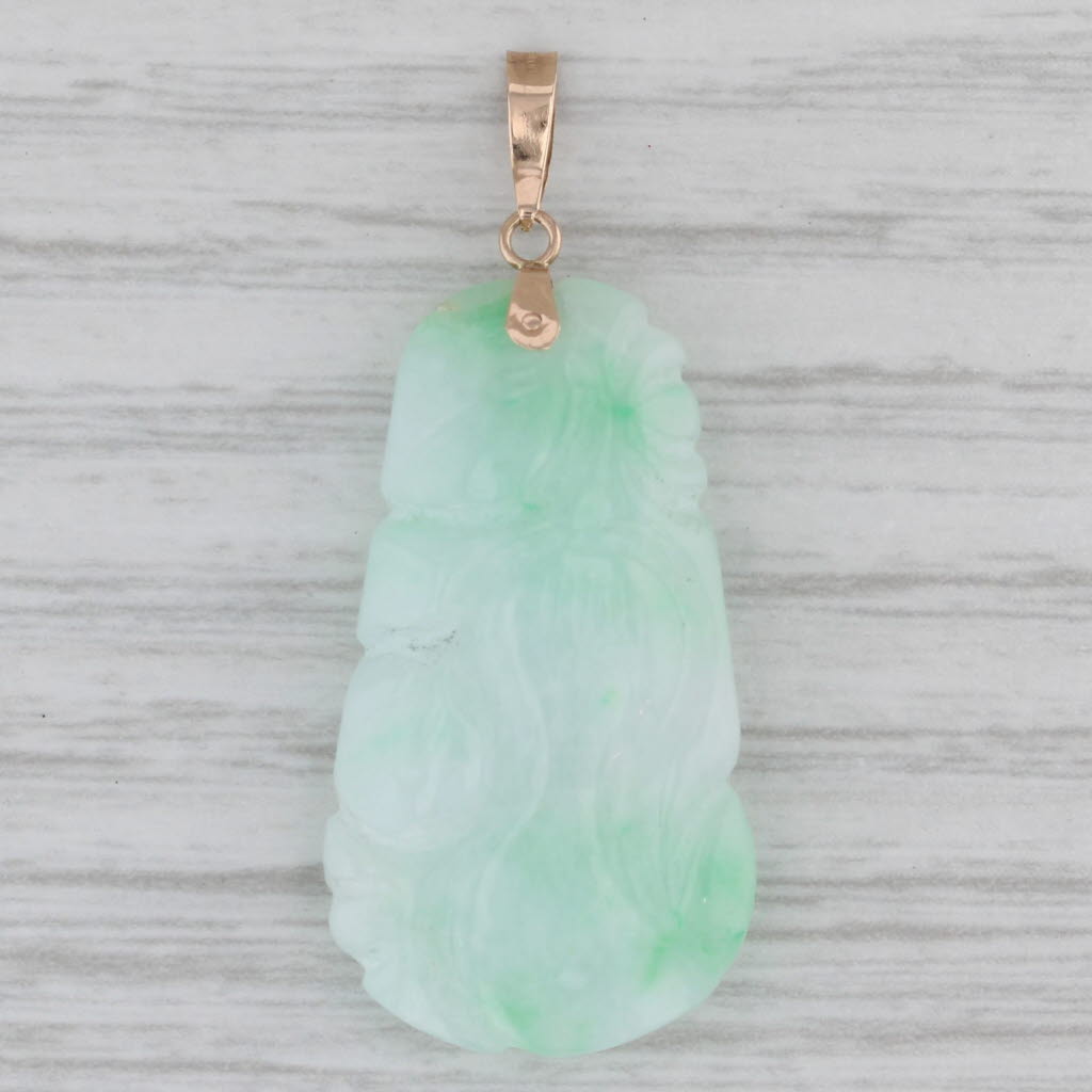 Gray Carved Marbled Green Jadeite Jade Pendant 14k Yellow Gold