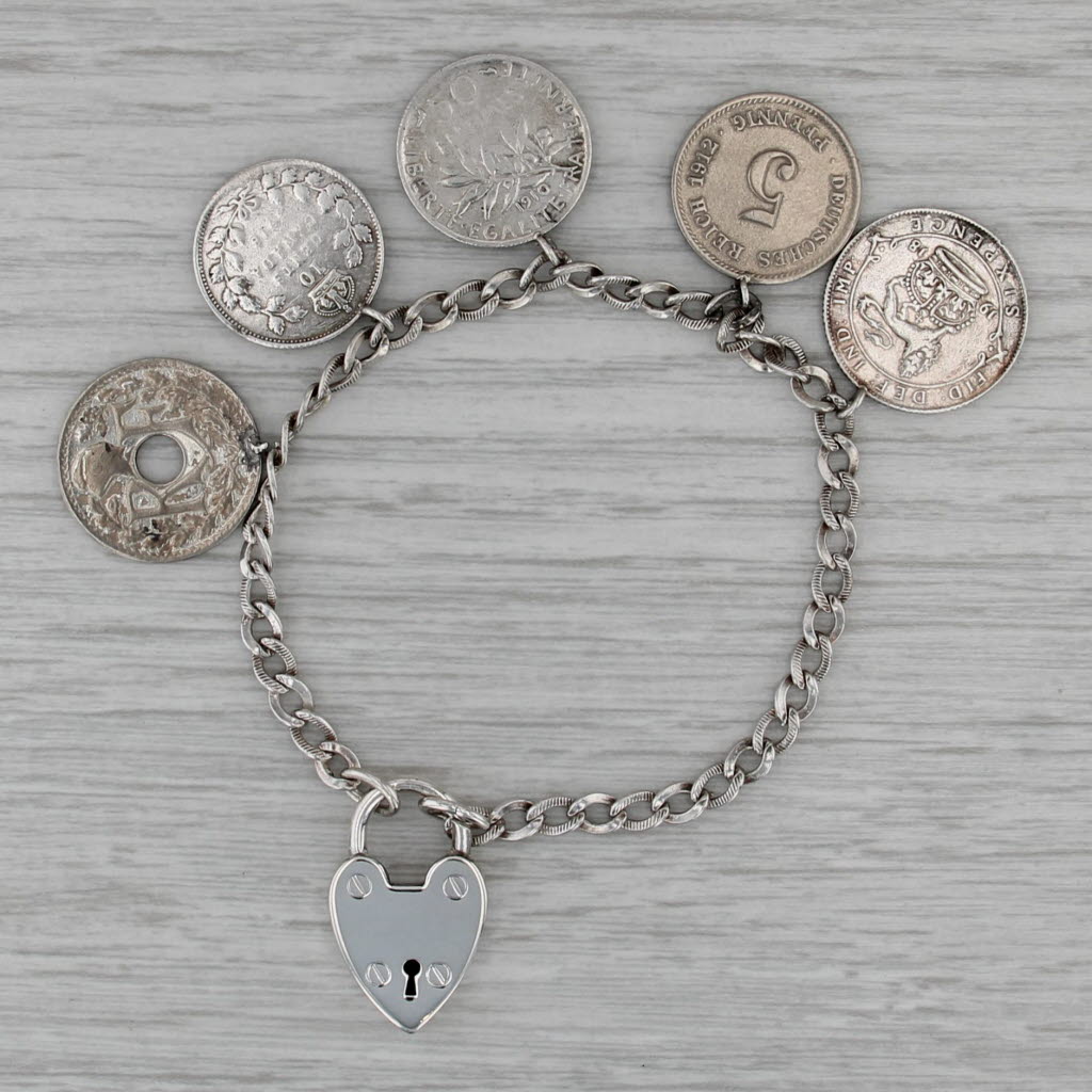 European Coin Charm Bracelet Sterling Silver Curb Chain 6.75"