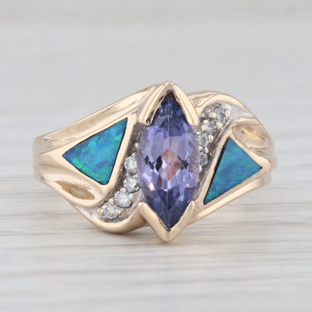 Light Gray 1.16ctw Marquise Tanzanite Diamond Opal Ring 14k Yellow Gold Size 7