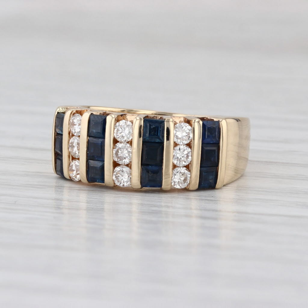 1.33ctw Blue Sapphire Diamond Rows Ring 14k Yellow Gold Size 5.75-6