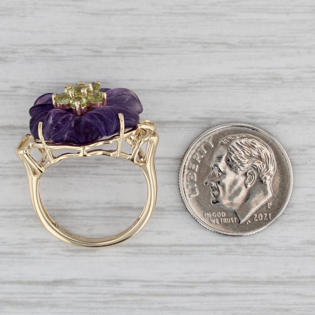 Gray Carved Amethyst Peridot Flower Ring 14k Yellow Gold Size 6.25