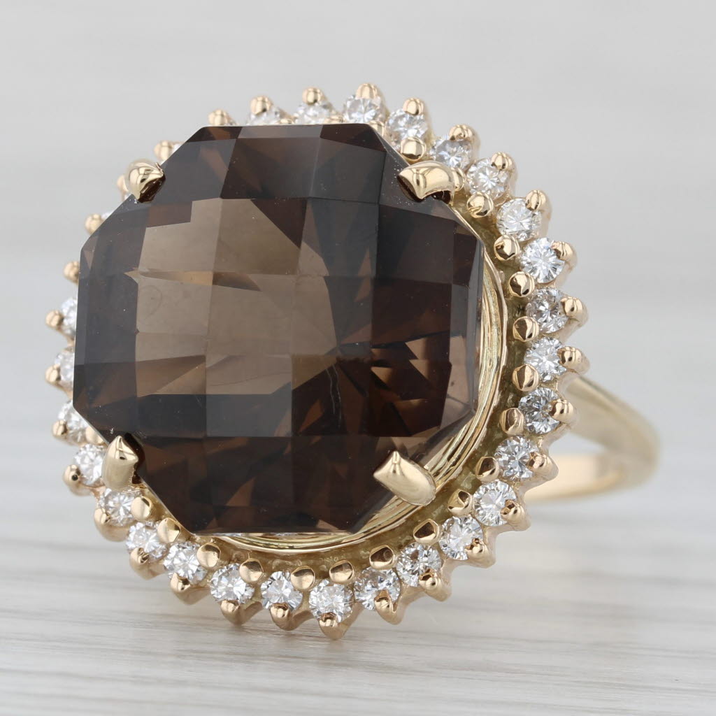 Light Gray 18.4ctw Smoky Quartz Diamond Halo Ring 14k Yellow Gold Size 7 Cocktail