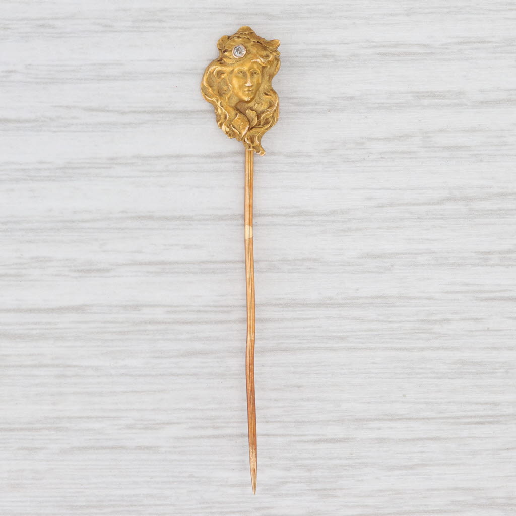 Light Gray Art Nouveau Figural Diamond Stickpin 14k Yellow Gold Antique