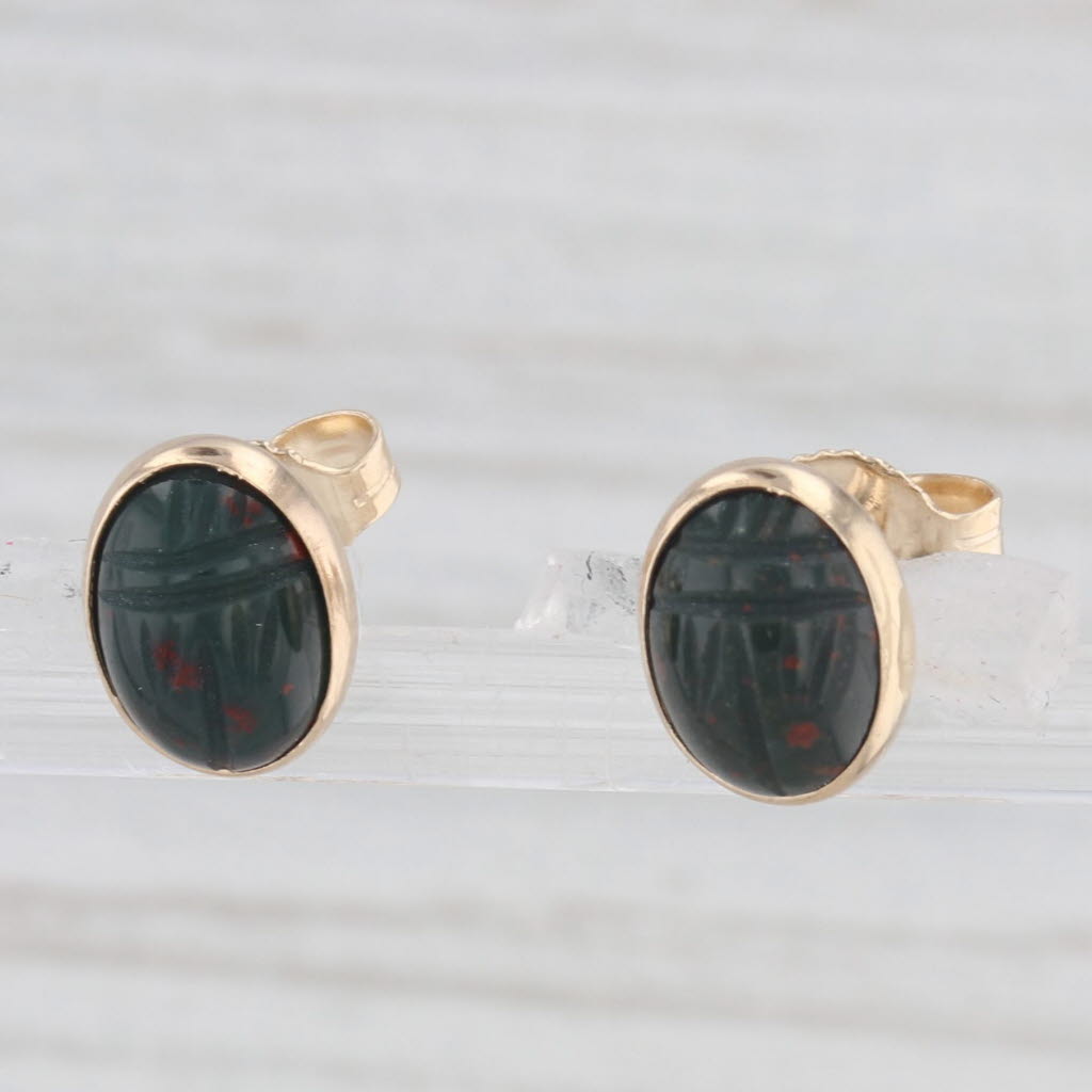 Light Gray Carved Scarab Bloodstone Stud Earrings 14k Yellow Gold Green Stone Cabochon