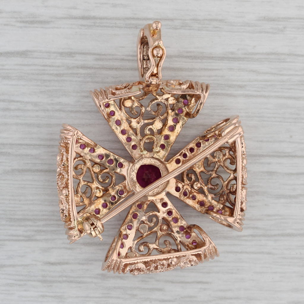 Gray 2ctw Red Garnet Pink Sapphire Filigree Cross Pendant Brooch 14k Rose Gold