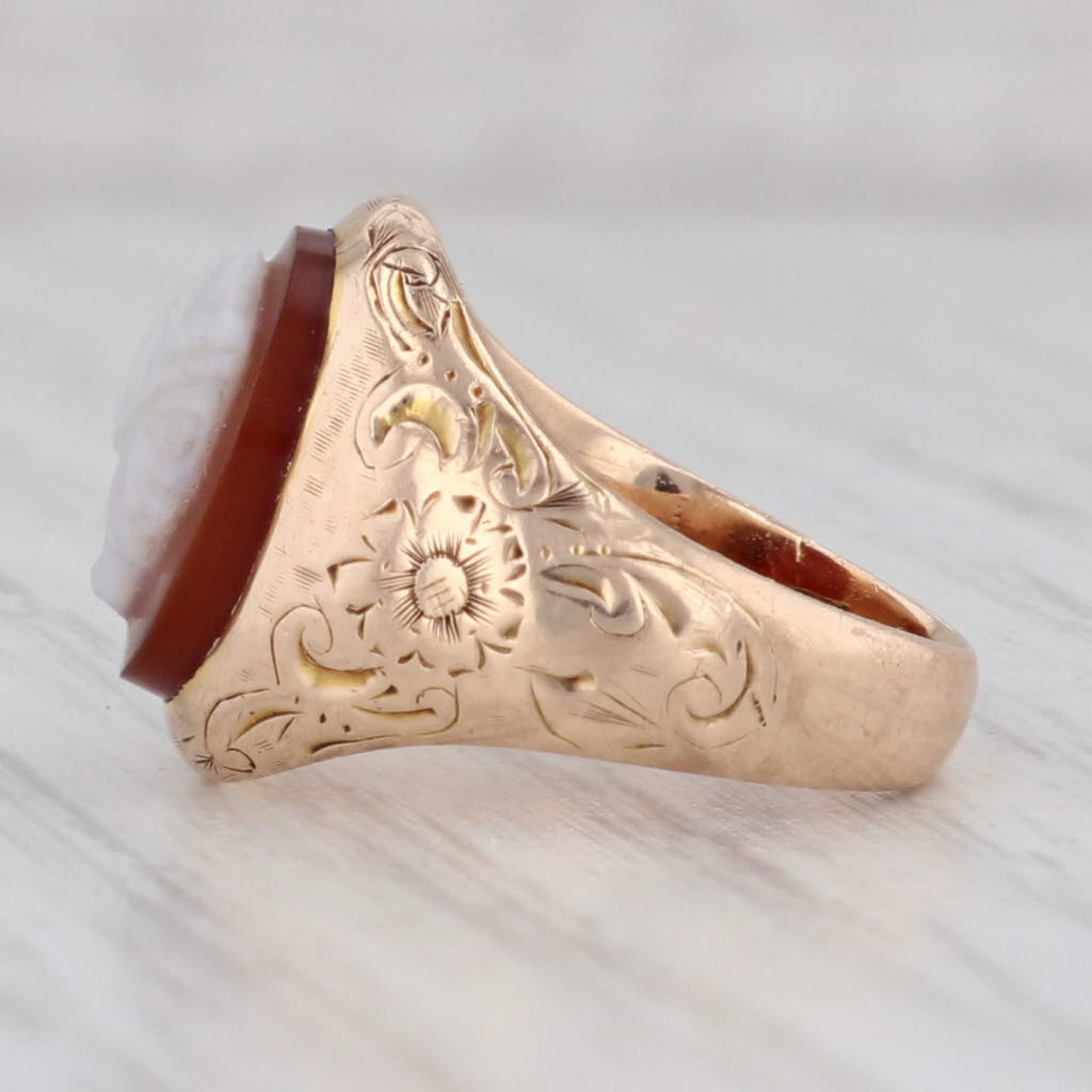 Gray Antique Sardonyx Cameo Ring 10k Yellow Gold Size 3.5 Ornate Floral Signet