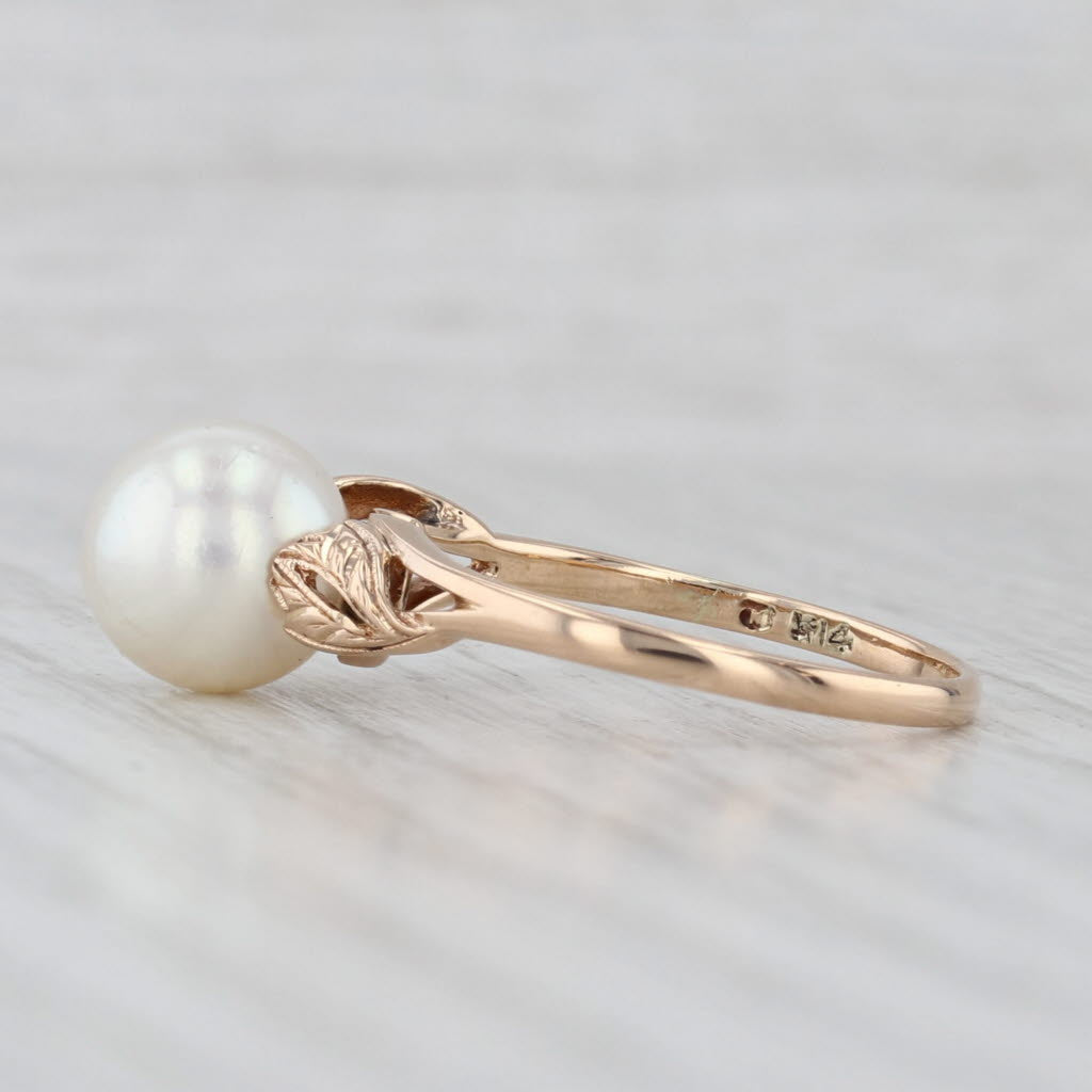 Light Gray Cultured Pearl Solitaire Ring 14k Yellow Gold Size 7 Leaf Accents