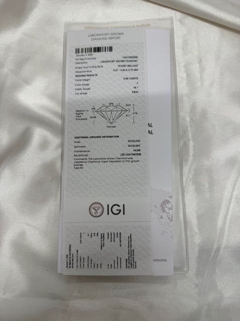 IGI 3.11ctw Round Lab Grown Diamond Engagement Ring 900 Platinum Size 6.5